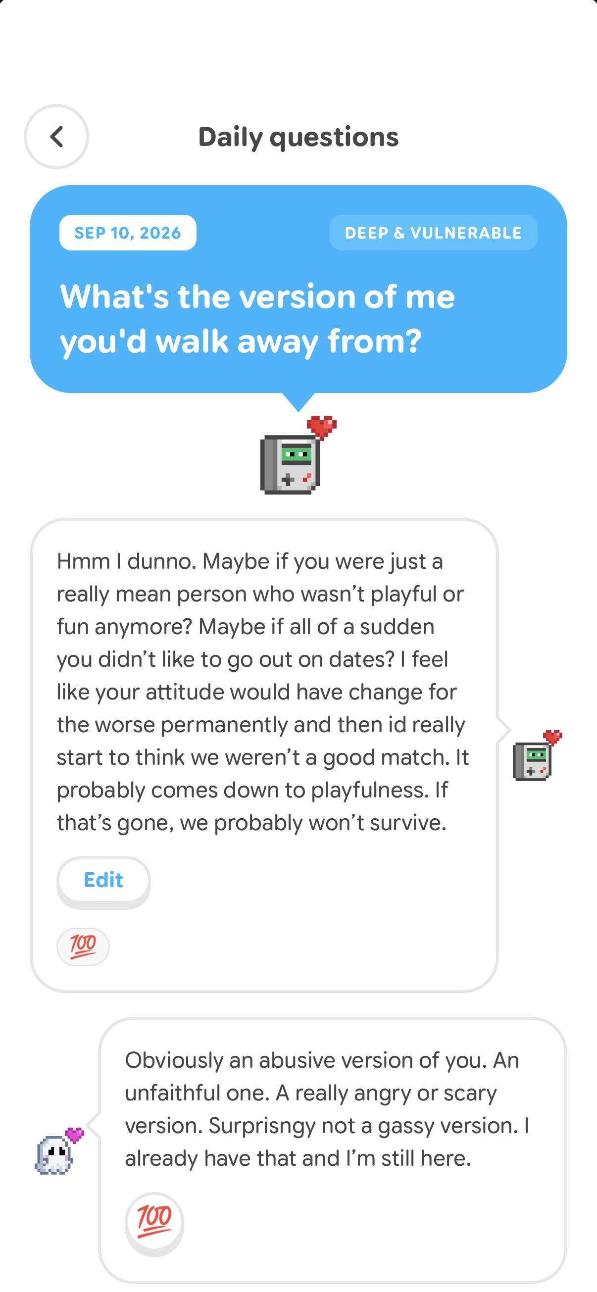 Both partners' answers to a daily question